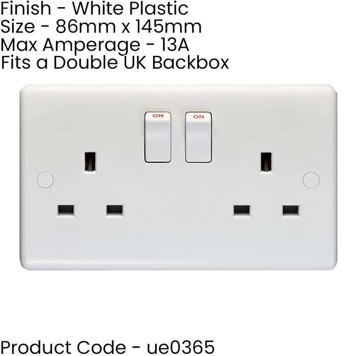 2 PACK 2 Gang Single Pole 13A Switched UK Plug Socket WHITE Double Power Outlet