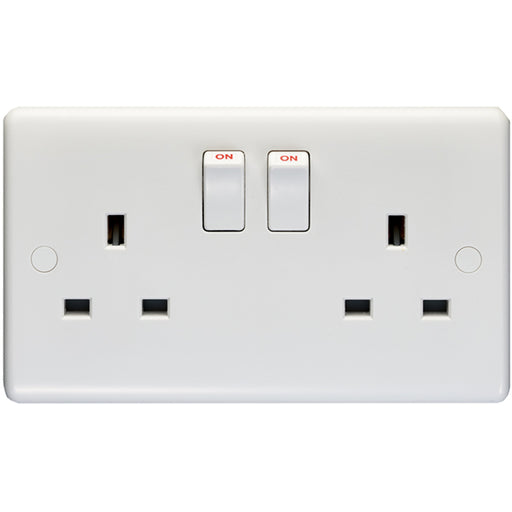 2 Gang Single Pole 13A Switched UK Plug Socket - WHITE PLASTIC Wall Power Outlet