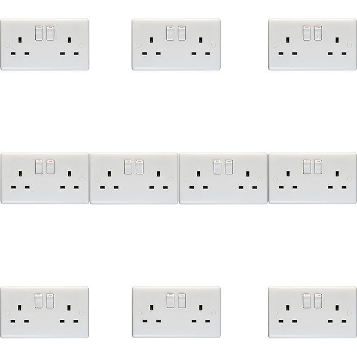 10 PACK 2 Gang Single Pole 13A Switched UK Plug Socket - WHITE Wall Power Outlet