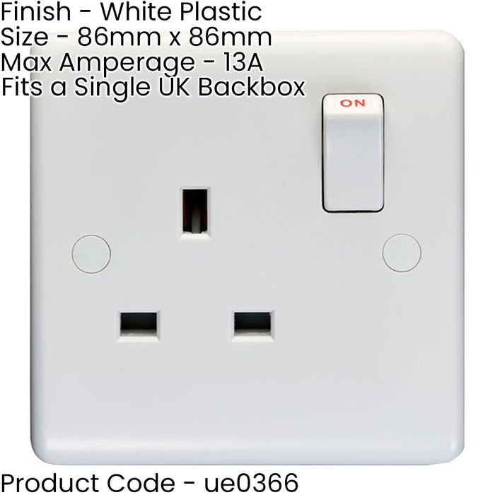 10 PACK 1 Gang Double Pole 13A Switched UK Plug Socket - WHITE Wall Power Outlet