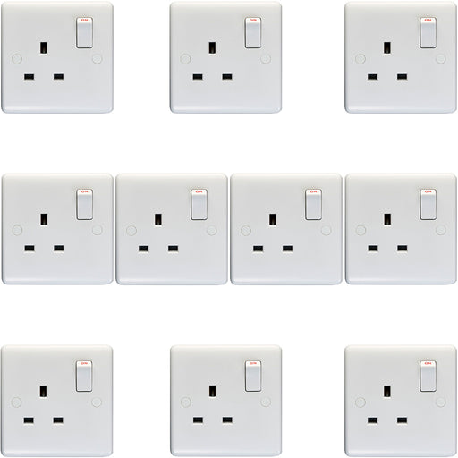 10 PACK 1 Gang Double Pole 13A Switched UK Plug Socket - WHITE Wall Power Outlet