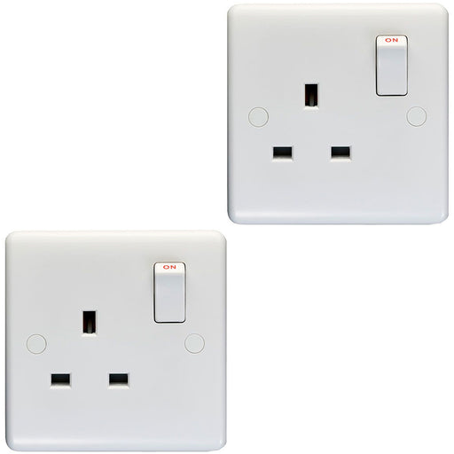 2 PACK 1 Gang Double Pole 13A Switched UK Plug Socket - WHITE Wall Power Outlet