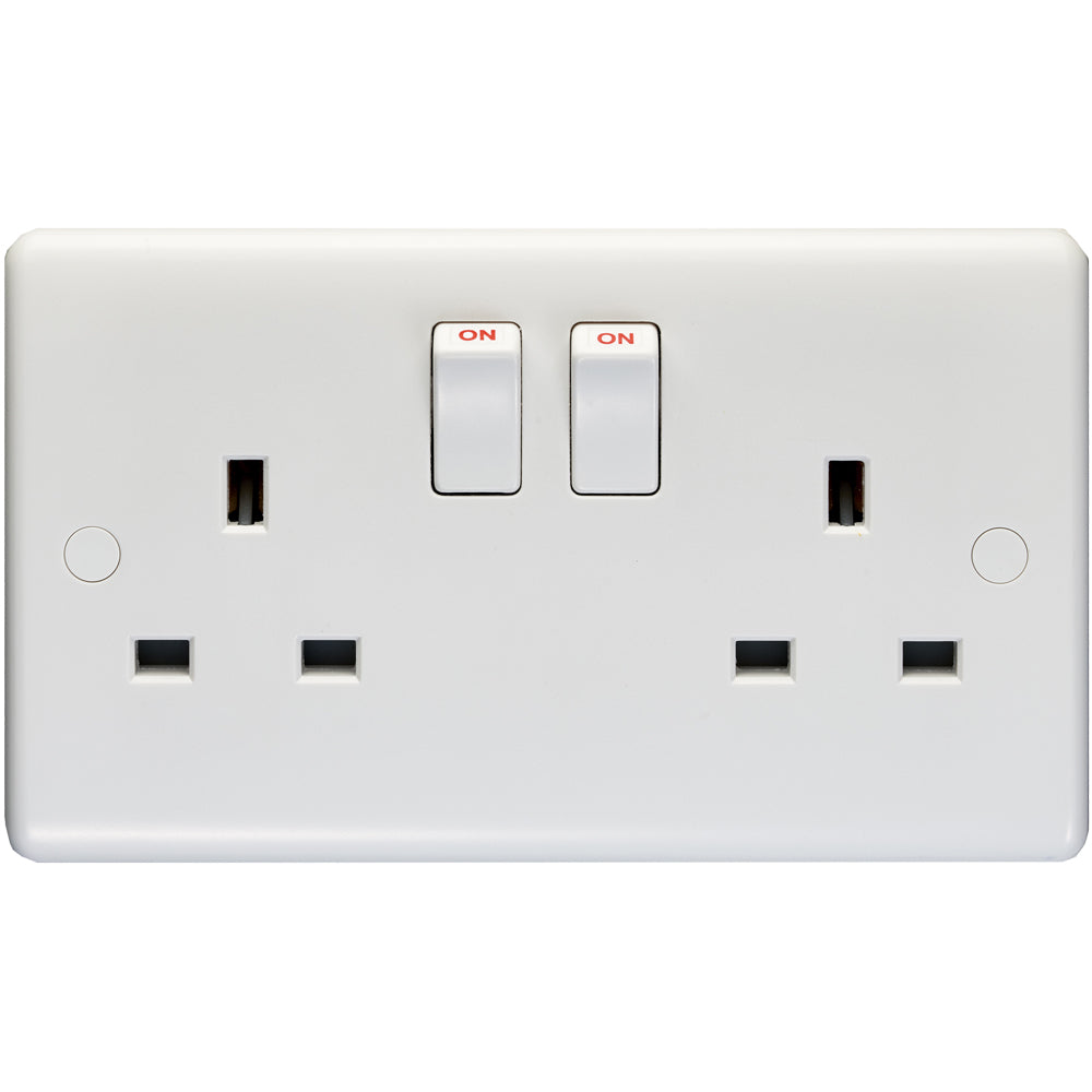 2 Gang Double Pole 13A Switched UK Plug Socket - WHITE PLASTIC Wall Po ...