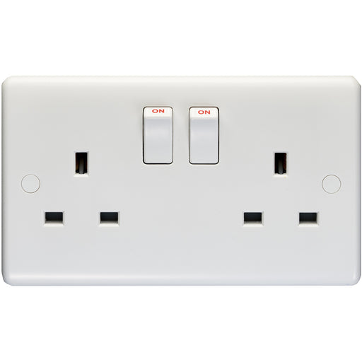 2 Gang Double Pole 13A Switched UK Plug Socket - WHITE PLASTIC Wall Power Outlet