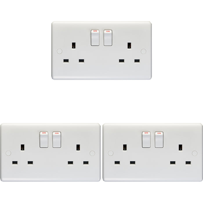 3 PACK 2 Gang Double Pole 13A Switched UK Plug Socket - WHITE Wall Power Outlet