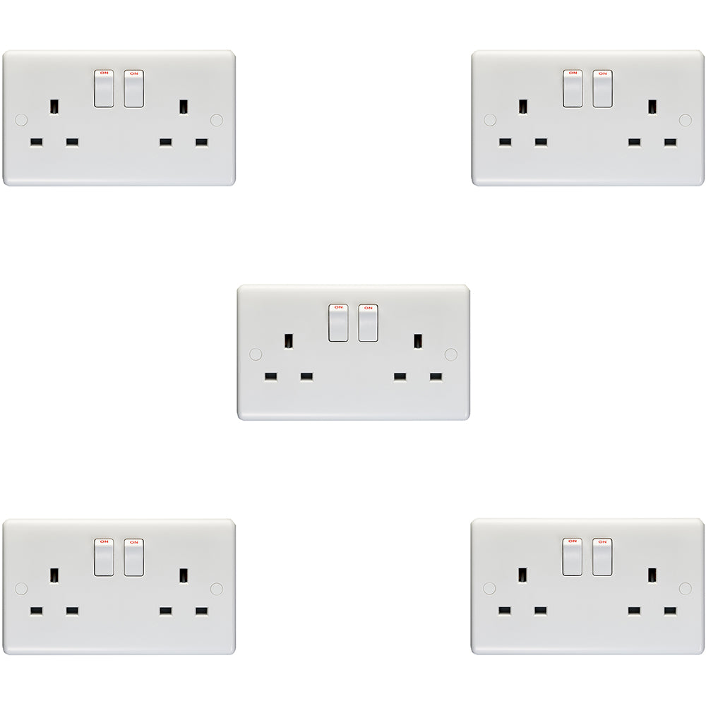 5 PACK 2 Gang Double Pole 13A Switched UK Plug Socket - WHITE Wall Pow ...