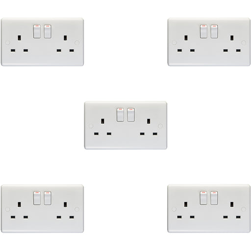 5 PACK 2 Gang Double Pole 13A Switched UK Plug Socket - WHITE Wall Power Outlet