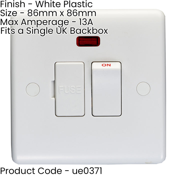 13A Switched Fuse Spur & Neon WHITE PLASTIC Mains Isolation Appliance Wall Plate