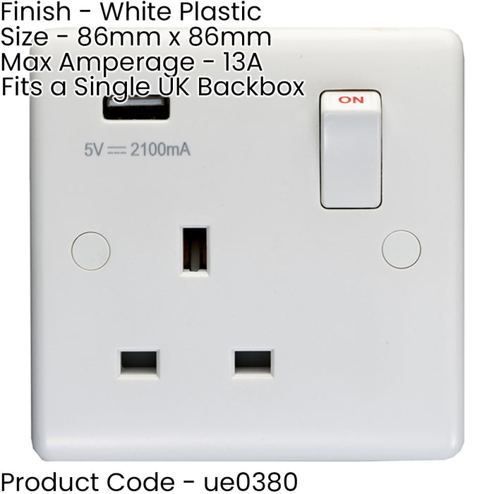 1 Gang Single UK Plug Socket & 2.1A USB-A Charger WHITE PLASTIC 13A Switched