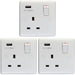 3 PACK 1 Gang Single UK Plug Socket & 2.1A USB-A Charger WHITE 13A Switched