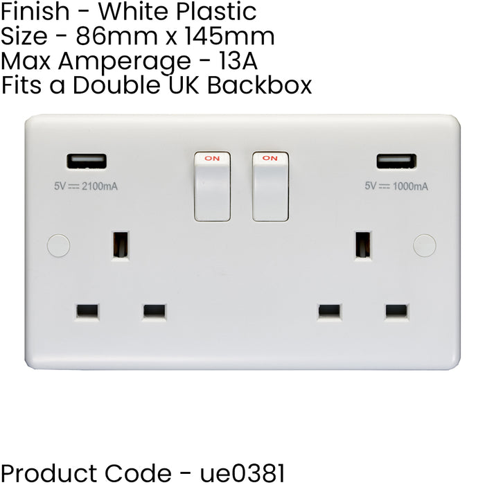 2 Gang Double UK Plug Socket & 2.1A USB-A Charger WHITE PLASTIC 13A Switched