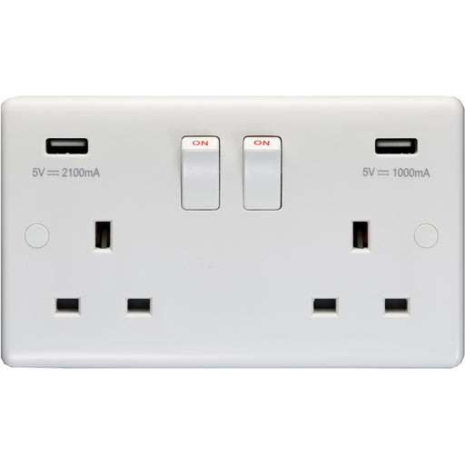 2 Gang Double UK Plug Socket & 2.1A USB-A Charger WHITE PLASTIC 13A Switched