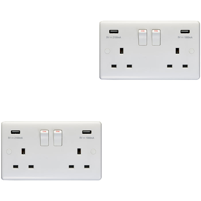 2 PACK 2 Gang Double UK Plug Socket & 2.1A USB-A Charger WHITE 13A Switched