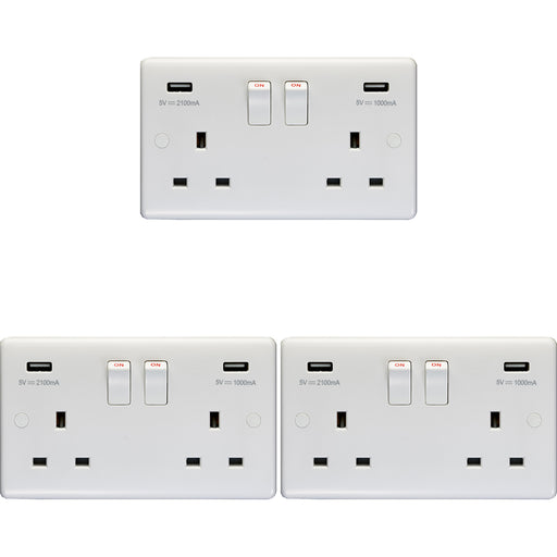 3 PACK 2 Gang Double UK Plug Socket & 2.1A USB-A Charger WHITE 13A Switched