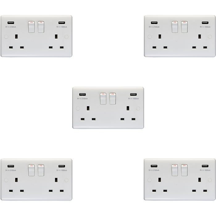5 PACK 2 Gang Double UK Plug Socket & 2.1A USB-A Charger WHITE 13A Switched