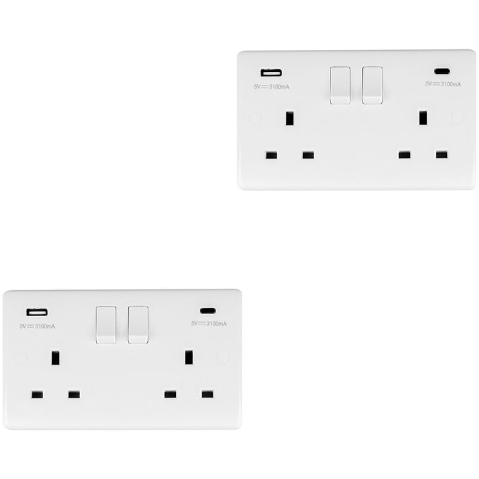 2 PACK 2 Gang UK Plug Socket & Dual 3.1A USB-C & A WHITE PLASTIC 13A Switched