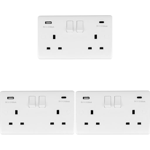 3 PACK 2 Gang UK Plug Socket & Dual 3.1A USB-C & A WHITE PLASTIC 13A Switched