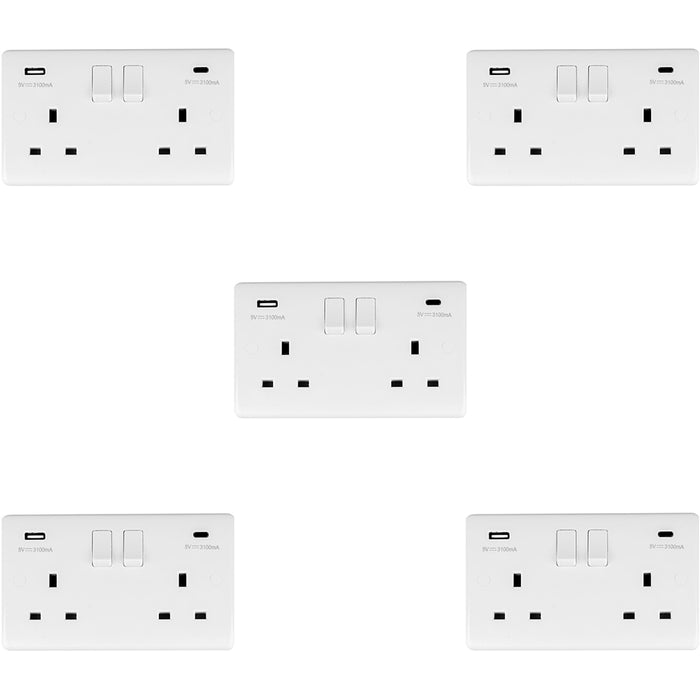5 PACK 2 Gang UK Plug Socket & Dual 3.1A USB-C & A WHITE PLASTIC 13A Switched