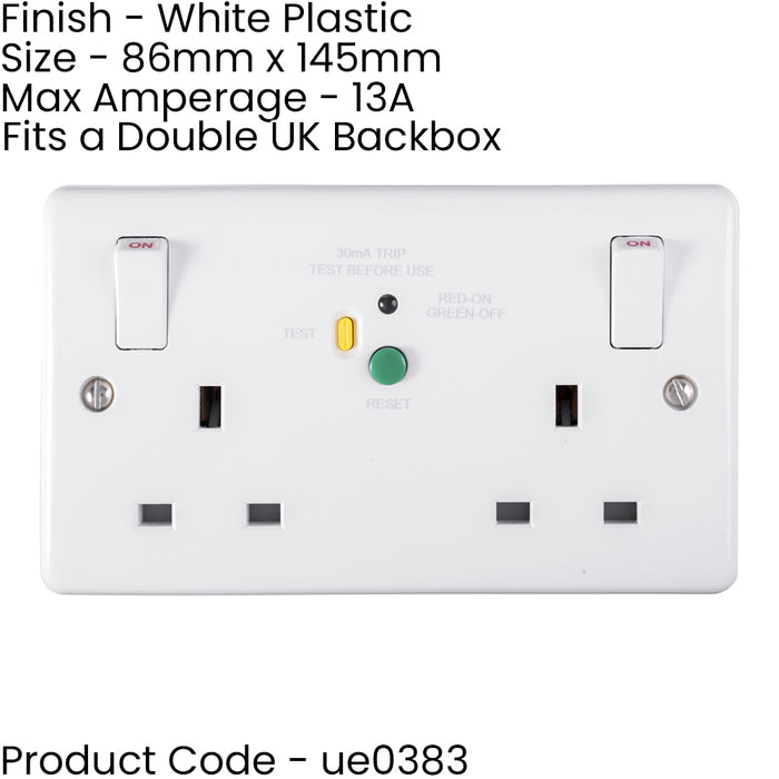 2 PACK 2 Gang Double 13A Swithed UK Plug Socket - 30mA Passive RCD WHITE Outlet