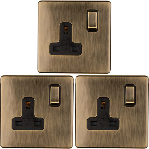 3 PACK 1 Gang DP 13A Switched UK Plug Socket SCREWLESS ANTIQUE BRASS Wall Power