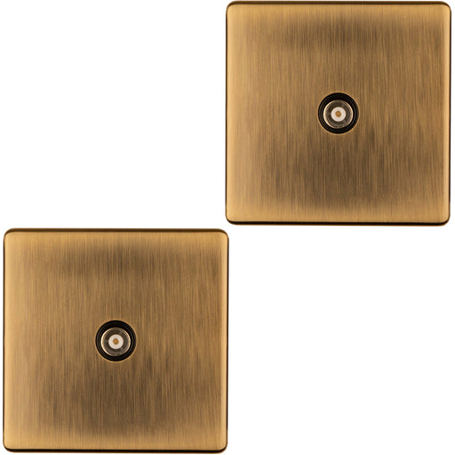 2 PACK 1 Gang Single TV Coaxial Aerial Socket SCREWLESS ANTIQUE BRASS Wall Plate