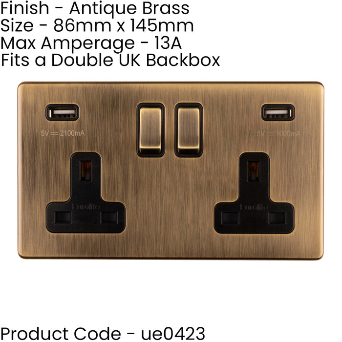 3 PACK 2 Gang Double 13A UK Plug Socket & 2.1A USB-A SCREWLESS ANTIQUE BRASS