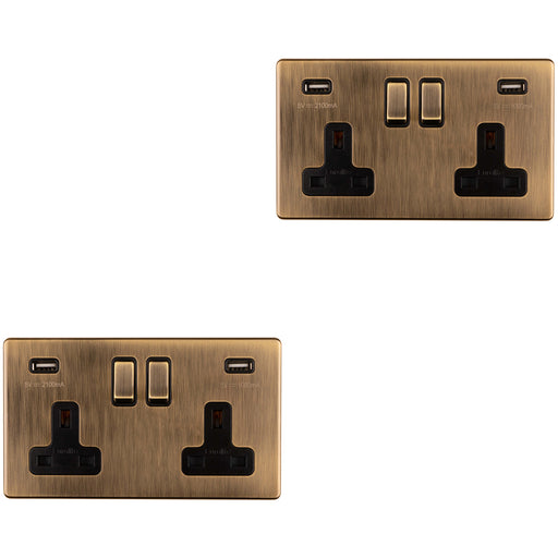 2 PACK 2 Gang Double 13A UK Plug Socket & 2.1A USB-A SCREWLESS ANTIQUE BRASS
