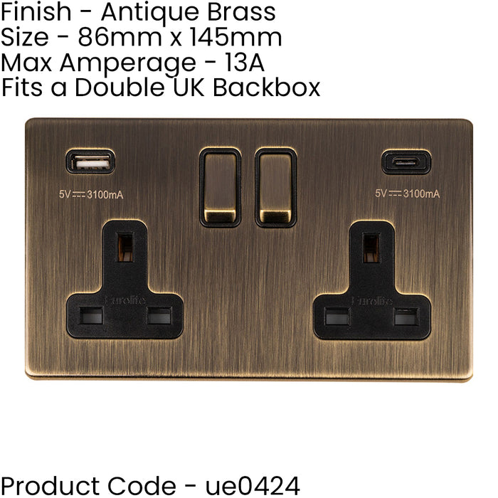 3 PACK 2 Gang Double 13A UK Plug Socket & 2x 3.1A USB-C SCREWLESS ANTIQUE BRASS