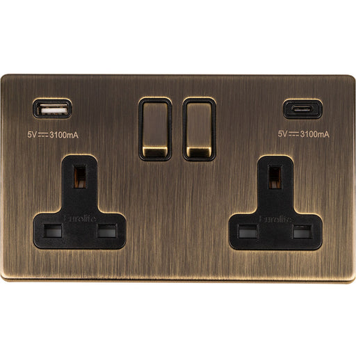 2 Gang Double 13A UK Plug Socket & 2x 3.1A USB-C & A SCREWLESS ANTIQUE BRASS