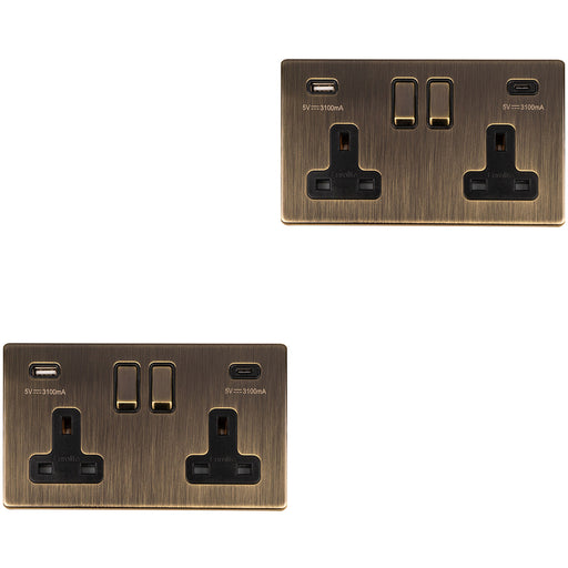 2 PACK 2 Gang Double 13A UK Plug Socket & 2x 3.1A USB-C SCREWLESS ANTIQUE BRASS