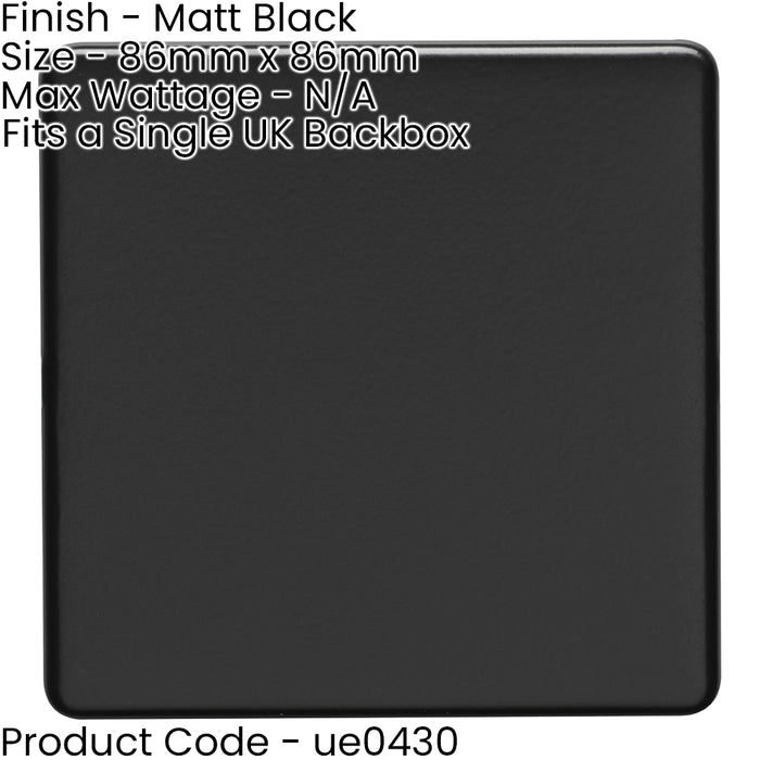 Single SCREWLESS MATT BLACK Blanking Plate Round Edged Wall Box Hole Cover