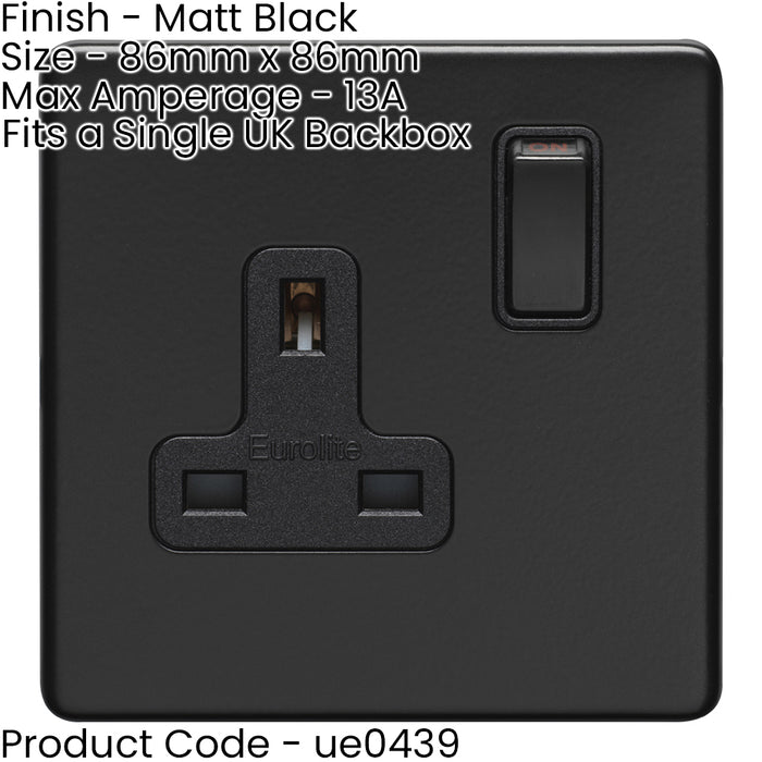5 PACK 1 Gang DP 13A Switched UK Plug Socket SCREWLESS MATT BLACK Wall Power