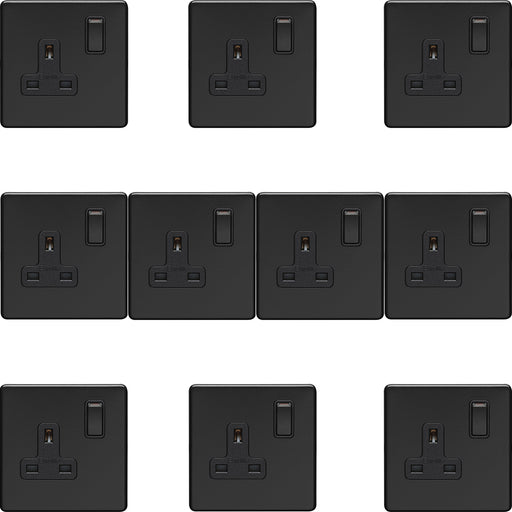 10 PACK 1 Gang DP 13A Switched UK Plug Socket SCREWLESS MATT BLACK Wall Power
