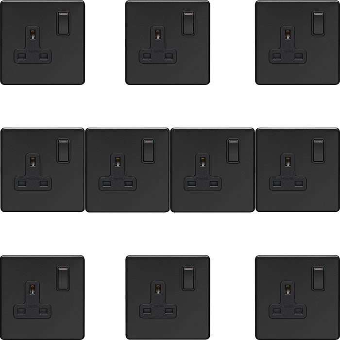 10 PACK 1 Gang DP 13A Switched UK Plug Socket SCREWLESS MATT BLACK Wall Power