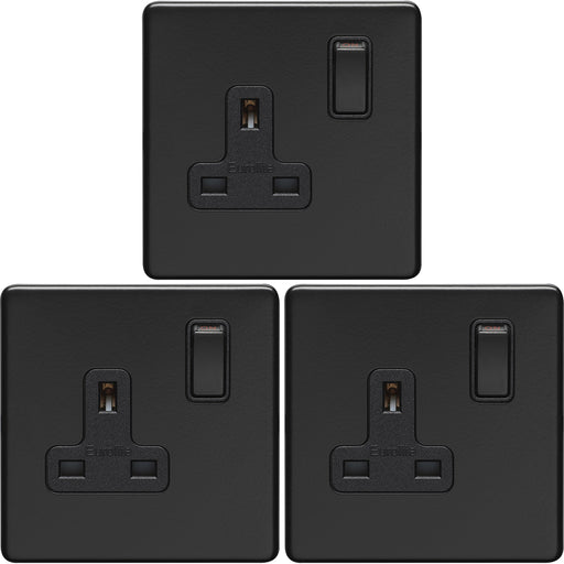 3 PACK 1 Gang DP 13A Switched UK Plug Socket SCREWLESS MATT BLACK Wall Power
