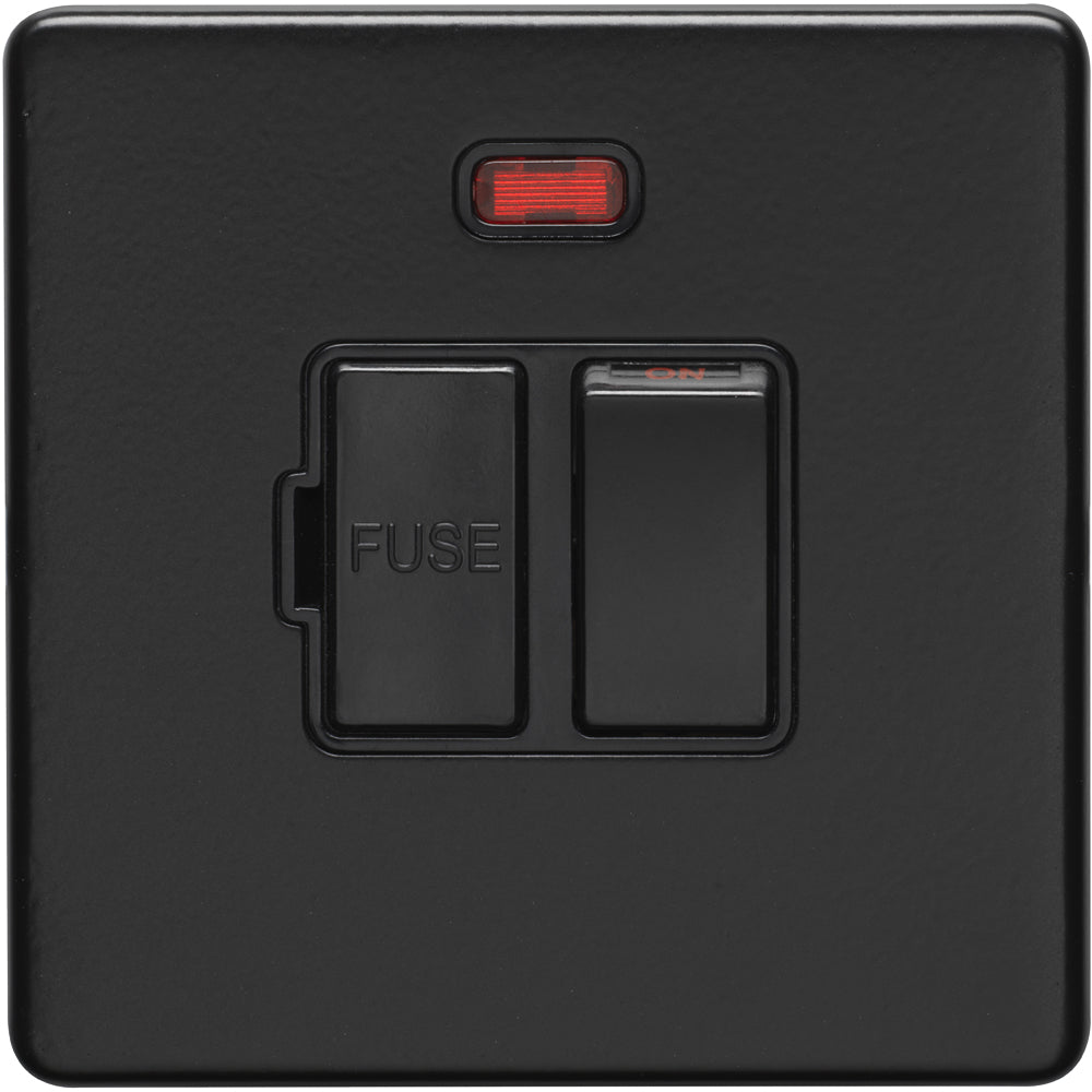 1 Gang 13A Switched Fuse Spur & Neon SCREWLESS MATT BLACK Rocker Mains ...