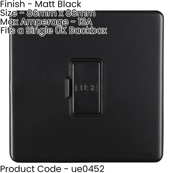 2 PACK 1 Gang 13A Unswitched Fuse Spur SCREWLESS MATT BLACK Mains Isolation