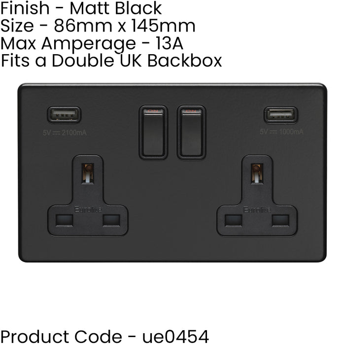 3 PACK 2 Gang Double 13A UK Plug Socket & 2.1A USB-A SCREWLESS MATT BLACK