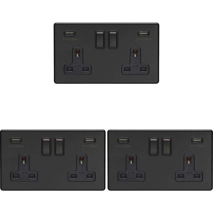 3 PACK 2 Gang Double 13A UK Plug Socket & 2.1A USB-A SCREWLESS MATT BLACK