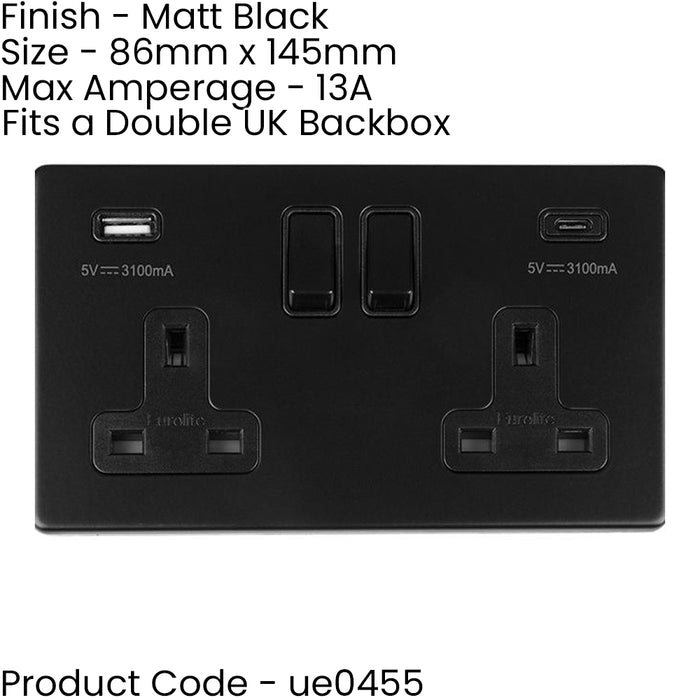 5 PACK 2 Gang Double 13A UK Plug Socket & 2x 3.1A USB-C & A SCREWLESS MATT BLACK