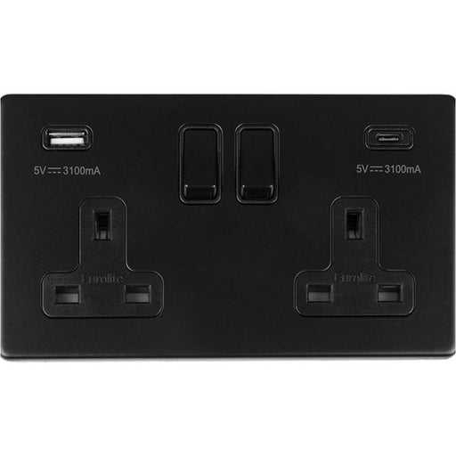 2 Gang Double 13A UK Plug Socket & 2x 3.1A USB-C & USB-A SCREWLESS MATT BLACK