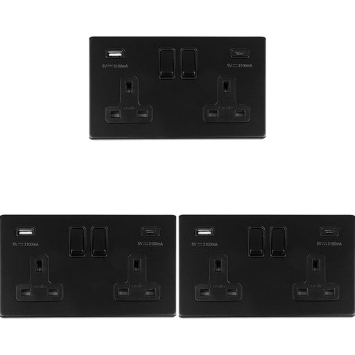 3 PACK 2 Gang Double 13A UK Plug Socket & 2x 3.1A USB-C & A SCREWLESS MATT BLACK