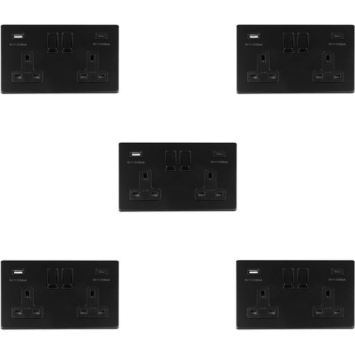 5 PACK 2 Gang Double 13A UK Plug Socket & 2x 3.1A USB-C & A SCREWLESS MATT BLACK