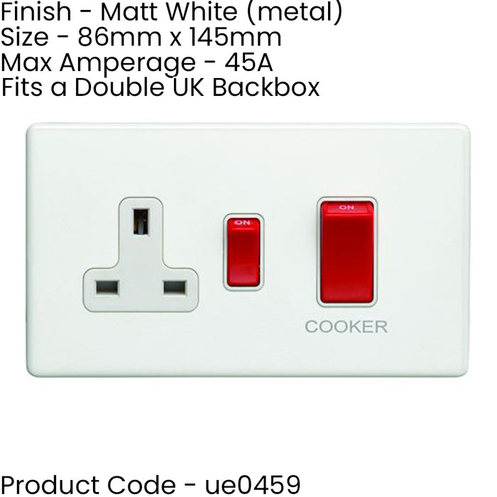 2 PACK 45A DP Oven Cooker Switch & 13A Switched Socket SCREWLESS MATT WHITE