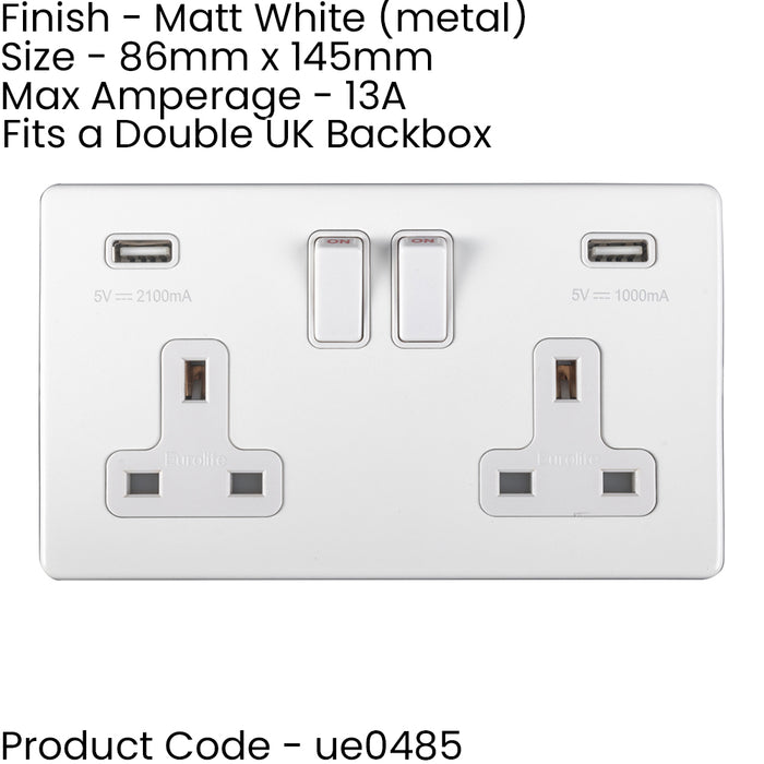 3 PACK 2 Gang Double 13A UK Plug Socket & 2.1A USB-A SCREWLESS MATT WHITE