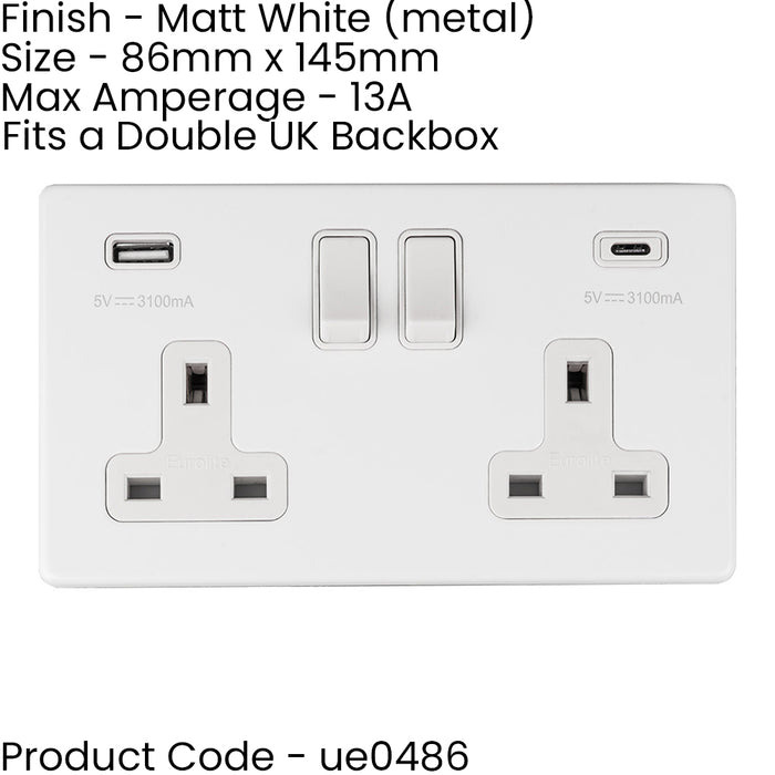 2 PACK 2 Gang Double 13A UK Plug Socket & 2x 3.1A USB-C & A SCREWLESS MATT WHITE