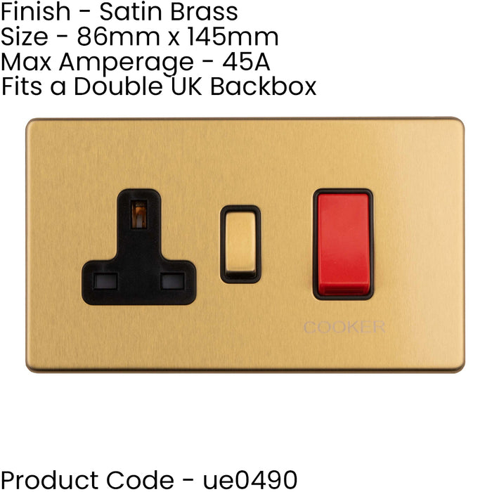 2 PACK 45A DP Oven Cooker Switch & 13A Switched Socket SCREWLESS SATIN BRASS