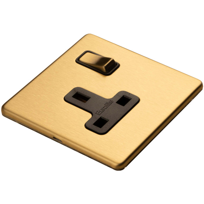 1 Gang DP 13A Switched UK Plug Socket SCREWLESS SATIN BRASS Wall Power Outlet