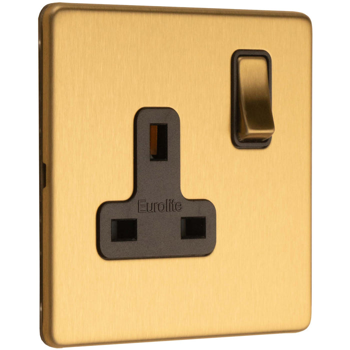 10 PACK 1 Gang DP 13A Switched UK Plug Socket SCREWLESS SATIN BRASS Wall Power