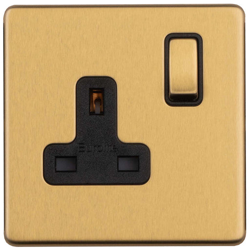 1 Gang DP 13A Switched UK Plug Socket SCREWLESS SATIN BRASS Wall Power Outlet